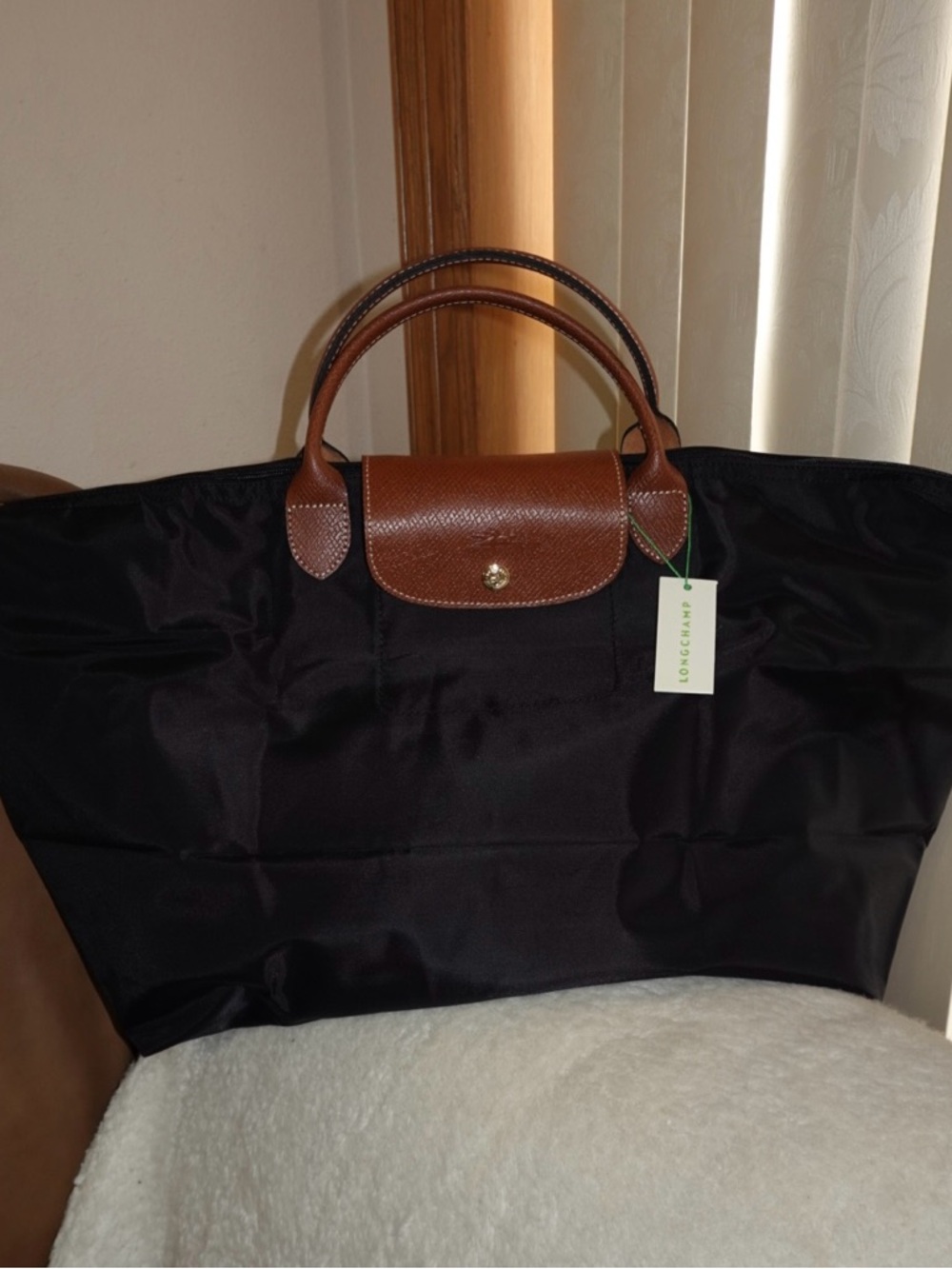 Longchamp Black Nylon Tote with Brown Leather Trim